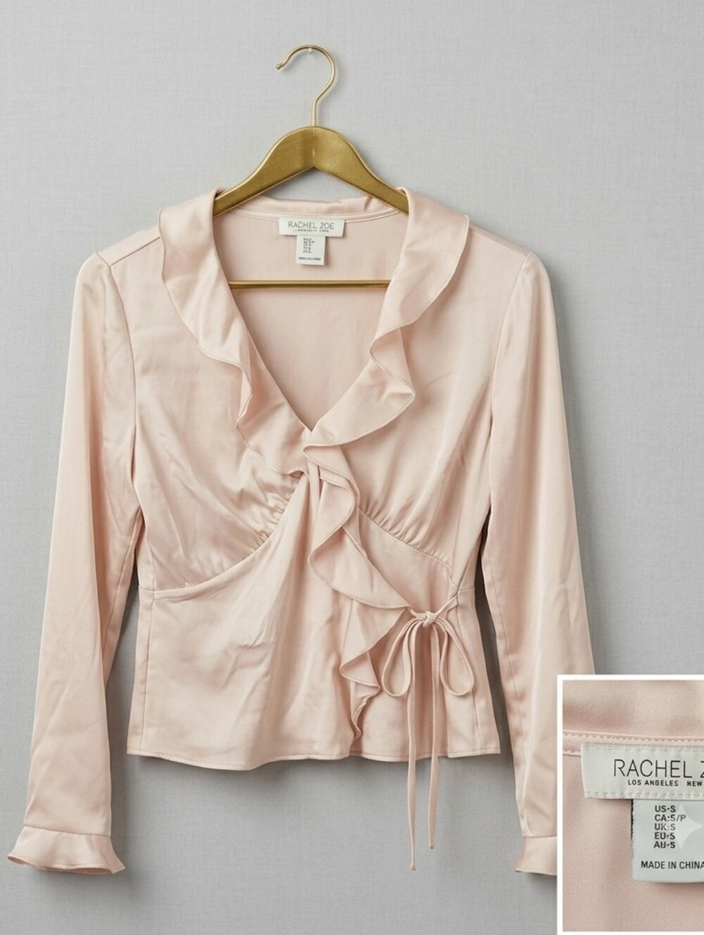 Rachel Zoe Soft Blush Satin Ruffle Wrap Blouse